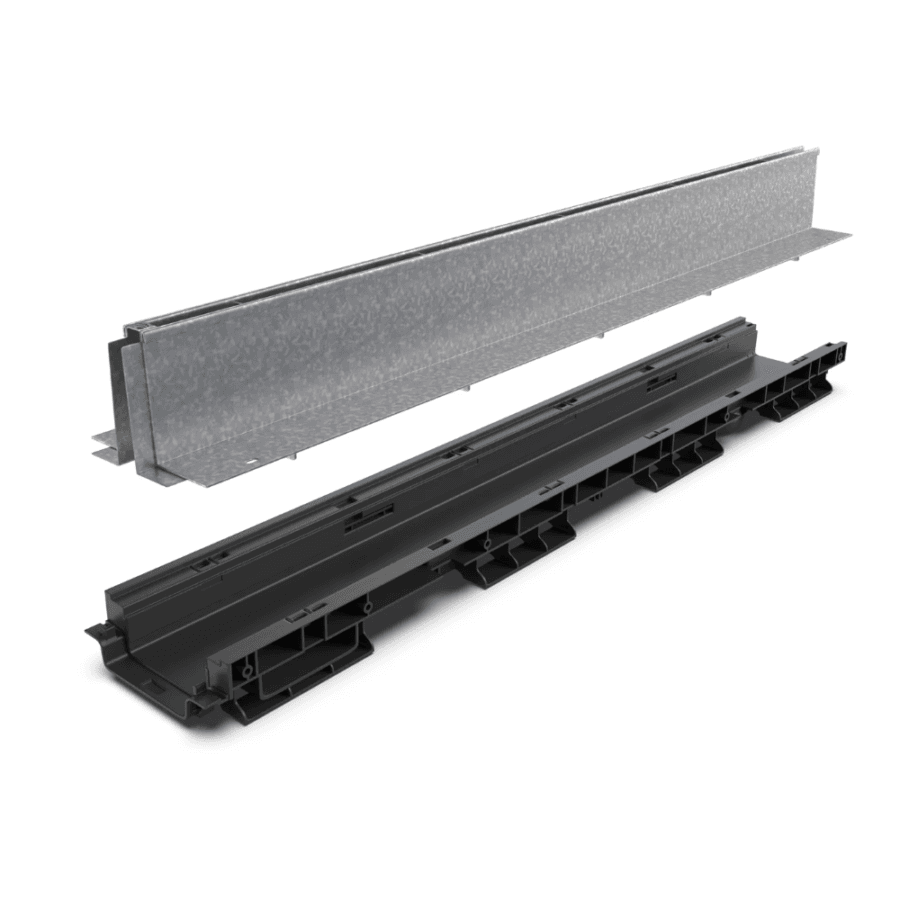 Kit Rigolă PP BASE LN100 Htot.160 Grătar Tip Fantă din Oțel Zincat, 1000x156x160mm - o soluție durabilă și eficientă pentru gestionarea apelor pluviale.