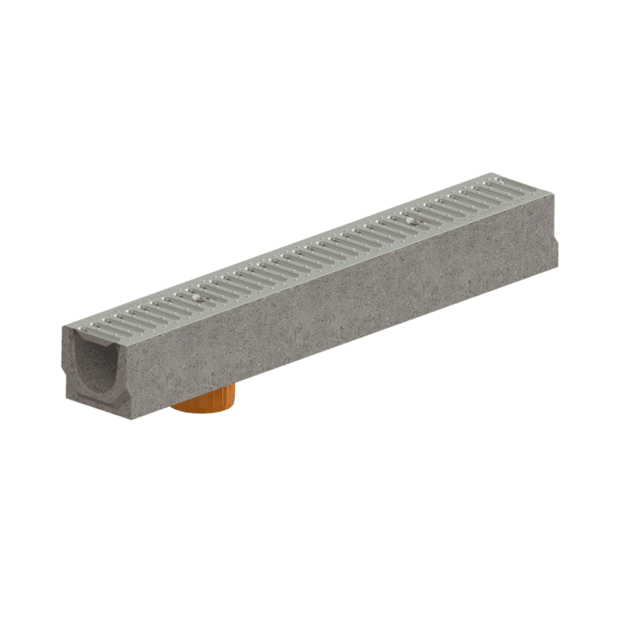 Kit Rigolă Fibrobeton FB BASE LN100 Hext.125 mm cu Grătar Oțel Zincat A15 și Ieșire Verticală, 1000x140x125 mm