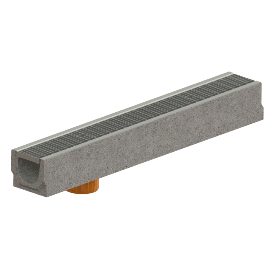 Kit Rigolă FB BASE LN100 Hext.125 mm cu Grătar Oțel Zincat, Grilă Antitoc B125, Ieșire Verticală, 1000x140x125 mm