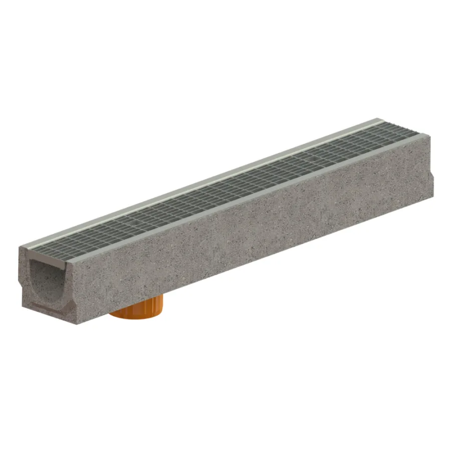 Kit Rigolă FB BASE LN100 Hext.125 mm cu Grătar Oțel Zincat, Grilă Antitoc B125, Ieșire Verticală, 1000x140x125 mm