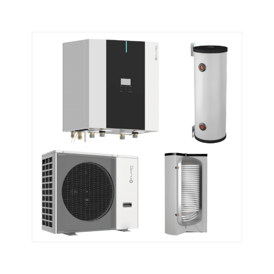Pachet Pompă de Căldură Aer-Apă Clivet, Split, 10 kW, Încălzire/Răcire/ACM, Hidrobox + Boiler + Acumulator 50L, 220V