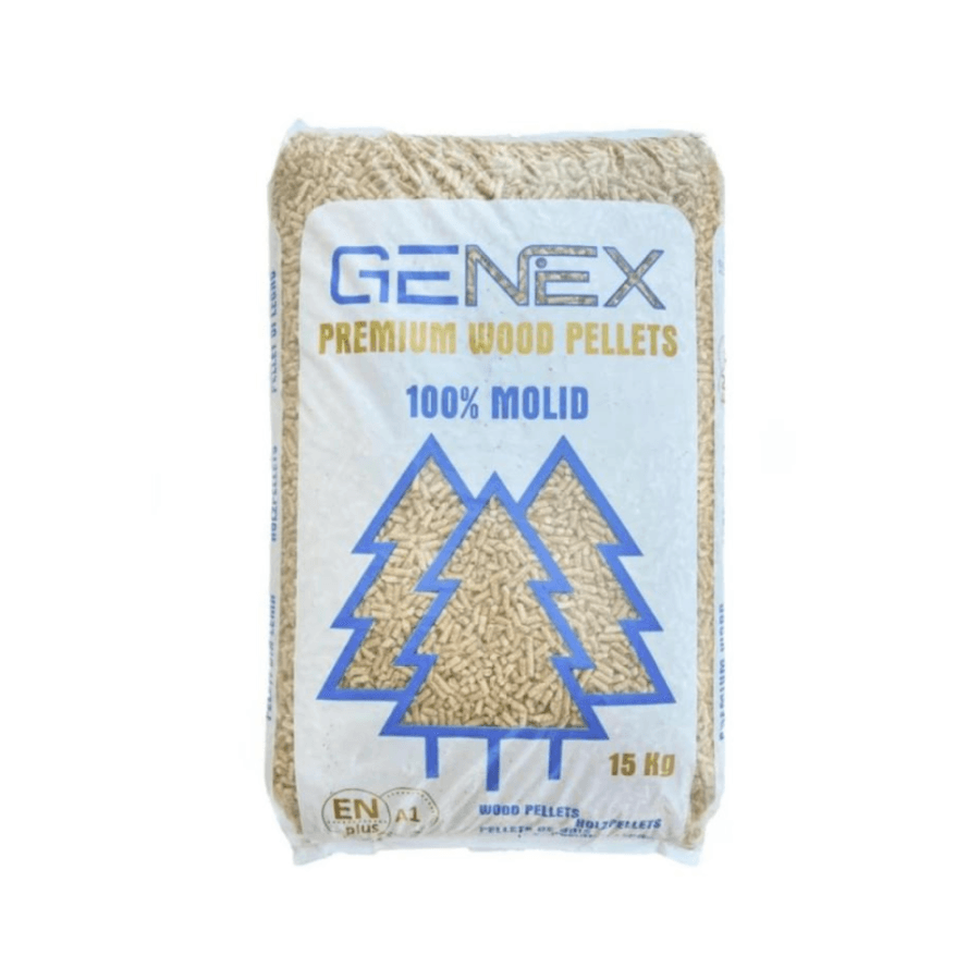 Peleți rășinoase Genex, categoria A, palet de 65 de saci - ideali pentru centrale termice, sobe și alte sisteme de încălzire.
