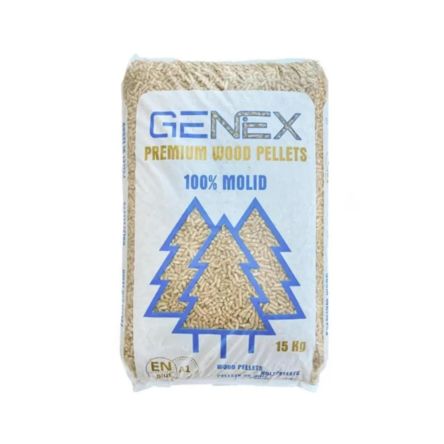Peleți rășinoase Genex, categoria A, palet de 65 de saci - ideali pentru centrale termice, sobe și alte sisteme de încălzire.