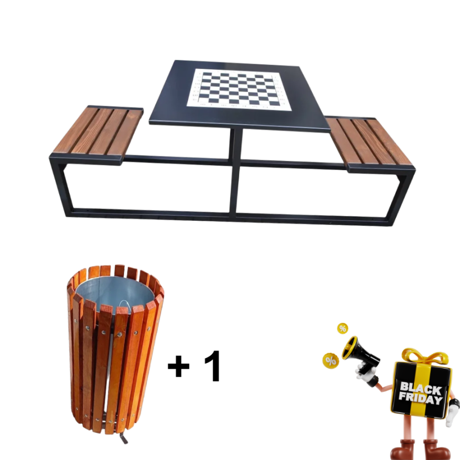 Ofertă Specială – Set Mobilier Masă de Șah cu Bănci Integrate Model 6 + Coș de Gunoi Stradal Model 17 BONUS 🎁