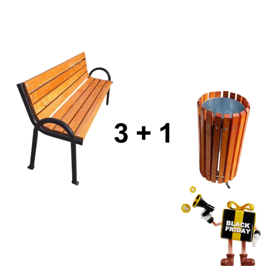 Ofertă Specială 3+1 – Bancă Parc Model 32 + Coș De Gunoi Stradal Model 17 CADOU 🎁