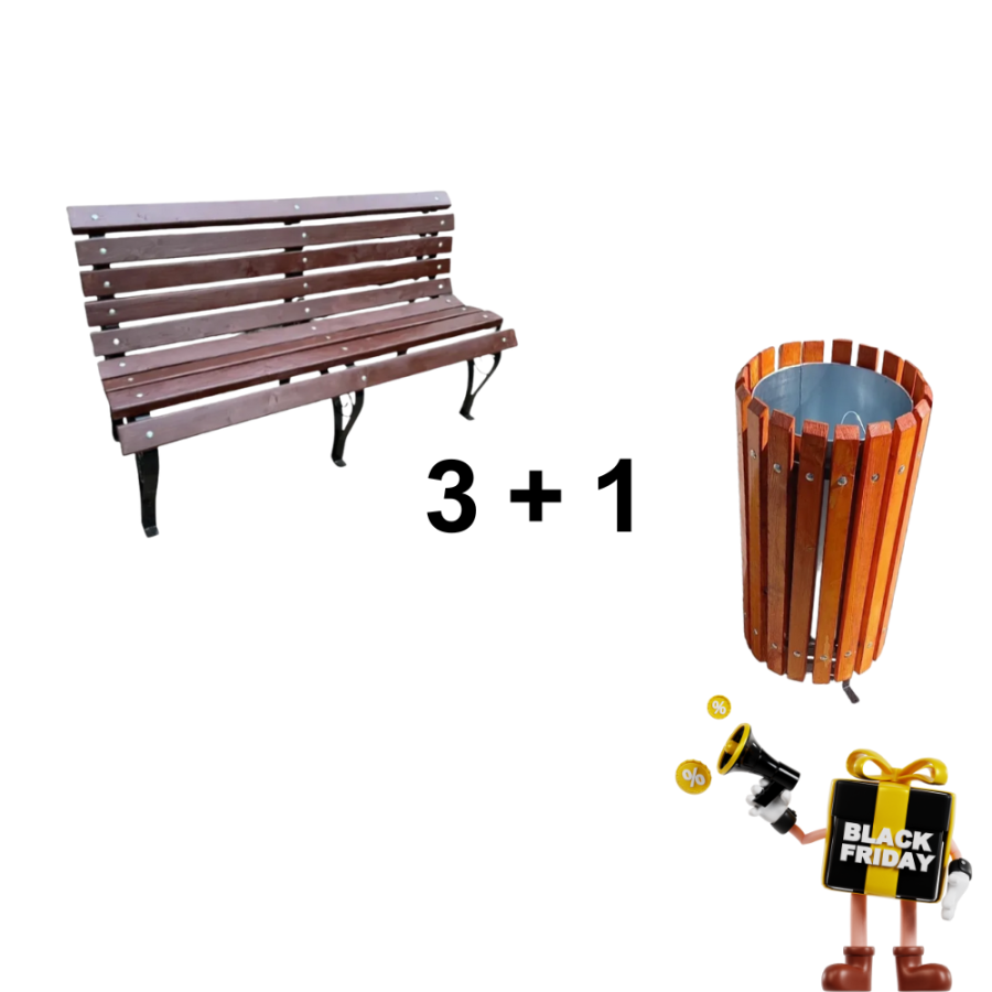 Ofertă Specială 3+1 – Bancă Parc Model 33 + Coș De Gunoi Stradal Model 17 CADOU 🎁