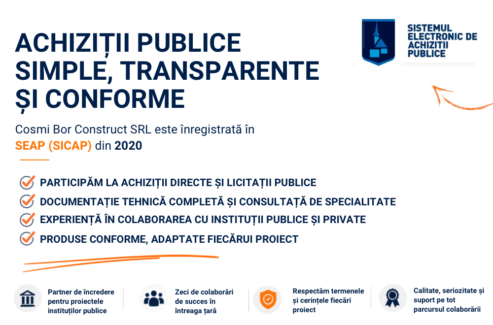 Cosmi Bor Construct SRL este înregistrată în SEAP (SICAP). Achiziționează produsele Starbay prin Sistemul Electronic de Achiziții Publice