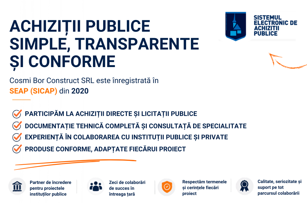 Cosmi Bor Construct SRL este înregistrată în SEAP (SICAP). Achiziționează produsele Starbay prin Sistemul Electronic de Achiziții Publice