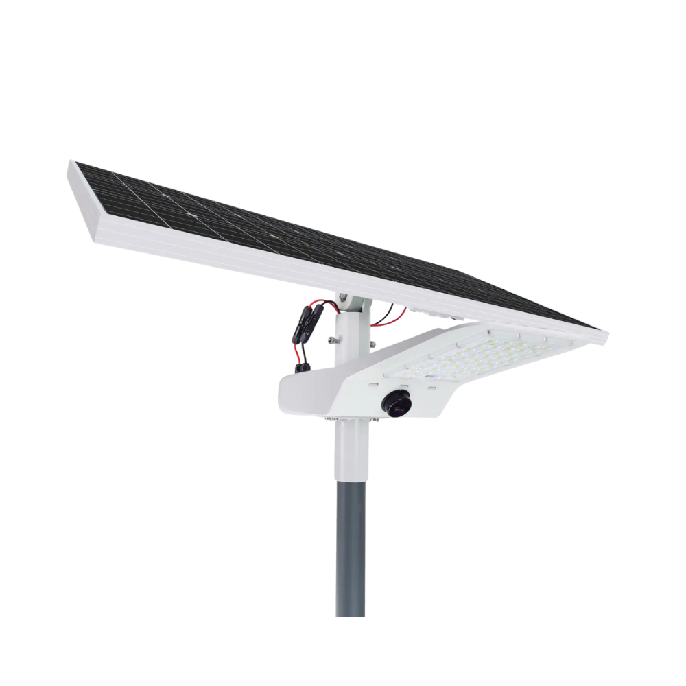 Stâlp fotovoltaic autonom 6.0m cu panou solar 120W, baterie LiFePO4 537Wh, lampă LED 60W, controller MPPT și senzor de mișcare.