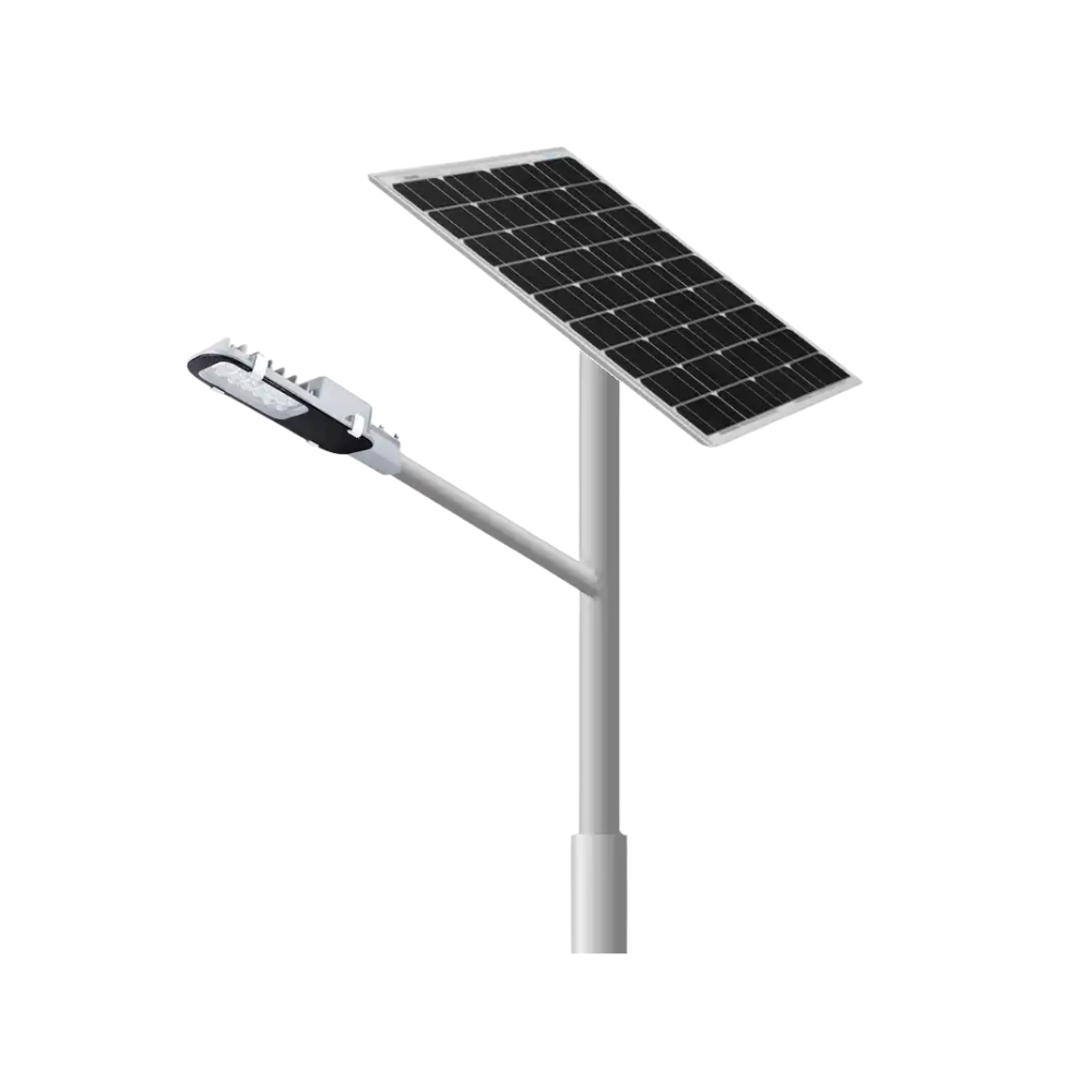 Stâlpi fotovoltaici OFF-Grid 4.5m cu panou Victron 95W, baterie AGM 60Ah, controller MPPT IP67 și lampă LED 20W dimabilă.