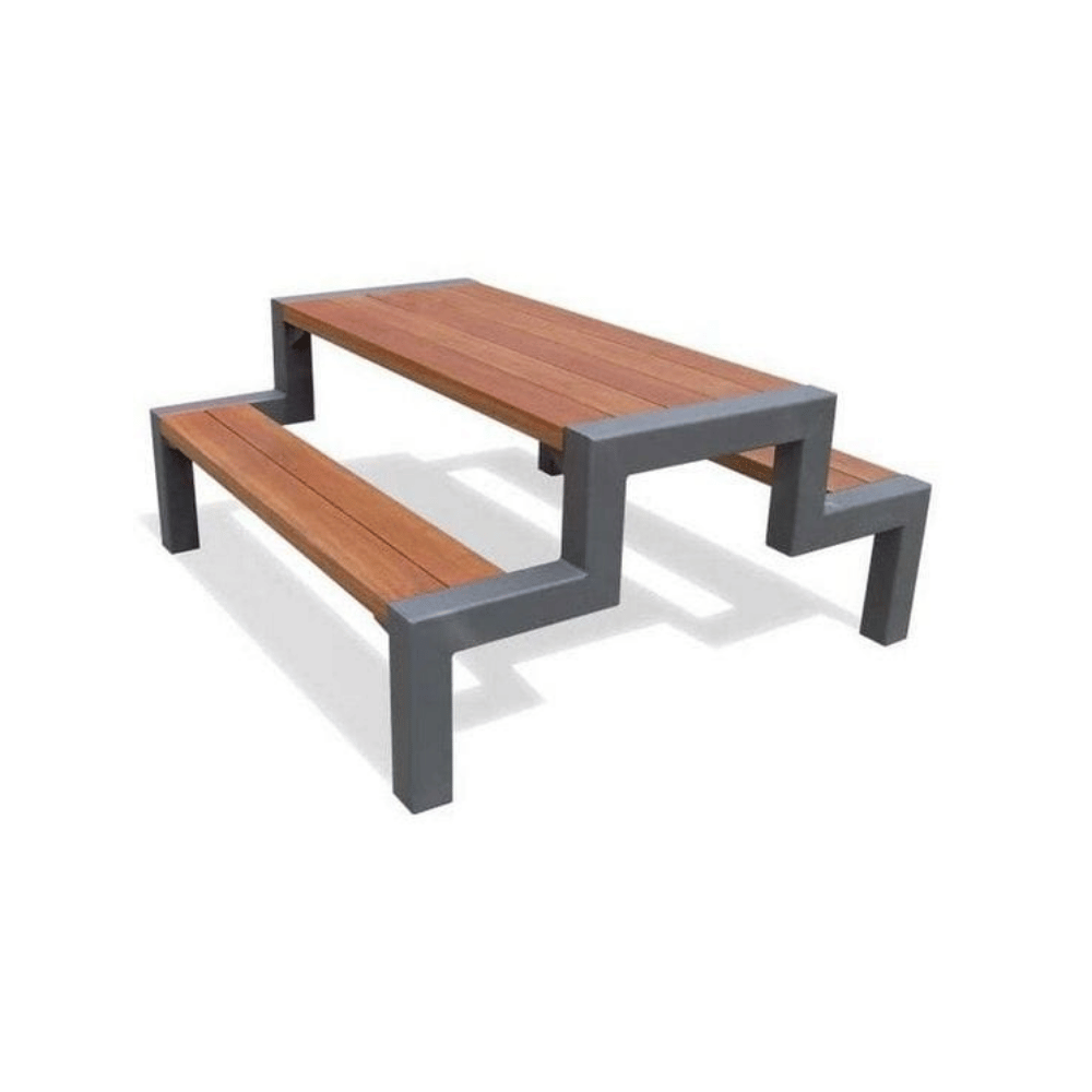 Set masă cu 2 bănci din lemn și metal pentru 4-6 persoane. Structură robustă 80×80 mm, lamele din lemn tratat și finisaj RAL 7016.