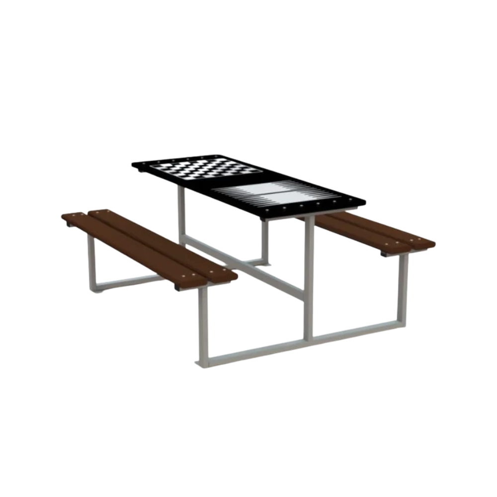Masă de șah și table cu 2 bănci – structură metalică și blat Alucobond
